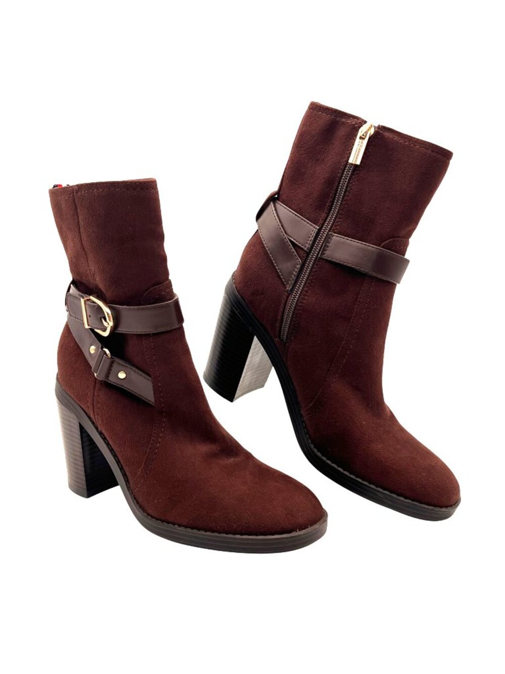 Tommy Hilfiger Brown Suede Ankle Boots Womens Size 8.5M Gold Buckles Block Heel